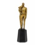 Abstract Couple Embrace Statue - Golden Striped Lovers Sculpture on Black Pedestal - Modern Resin Showpiece for Home Decor & Anniversary Gift