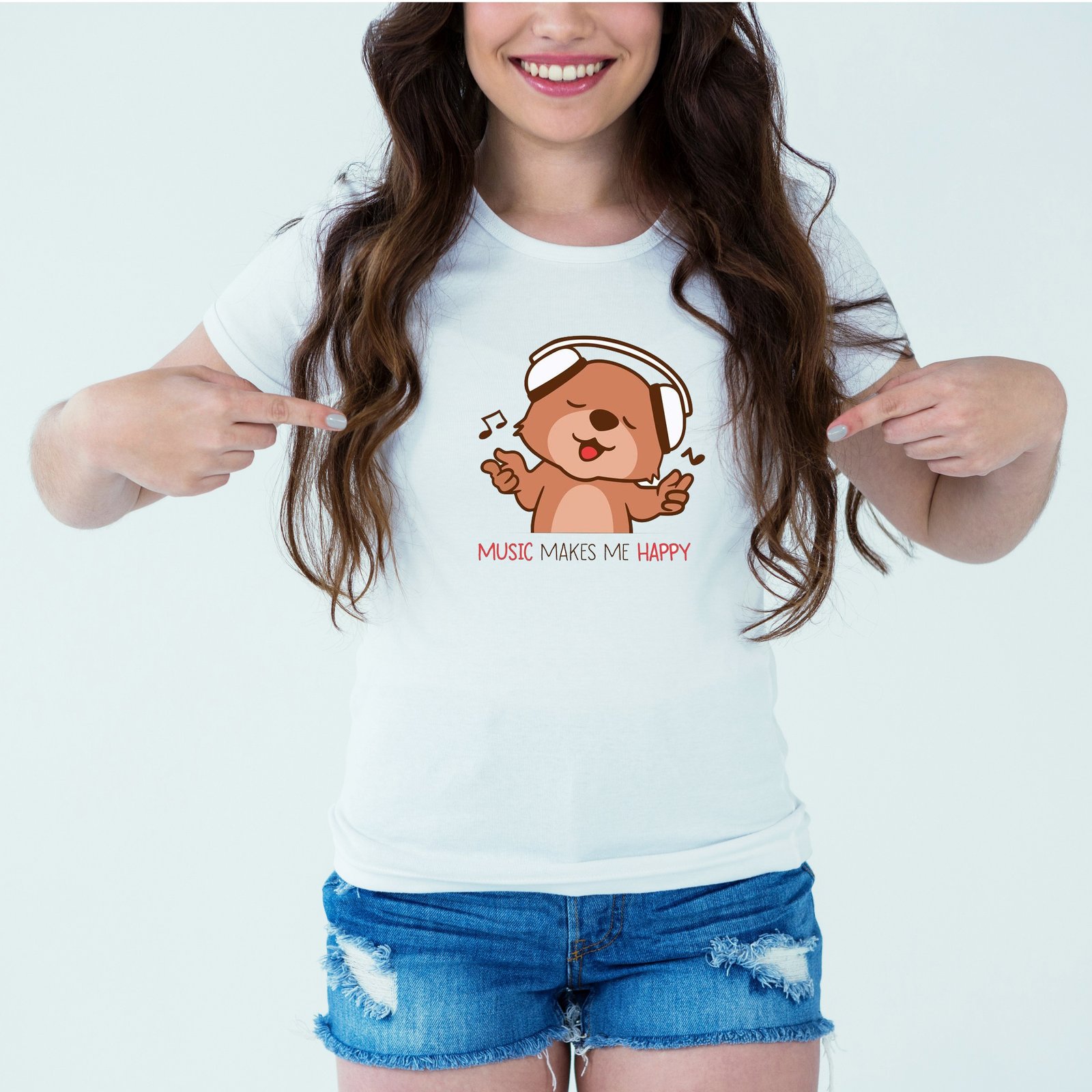 Mockup-Girl-musicmakesmehappy.jpg Designer Printed T-Shirt :: Design type - Music Makes Me Happy - Cloth type : Polyester - Image 1