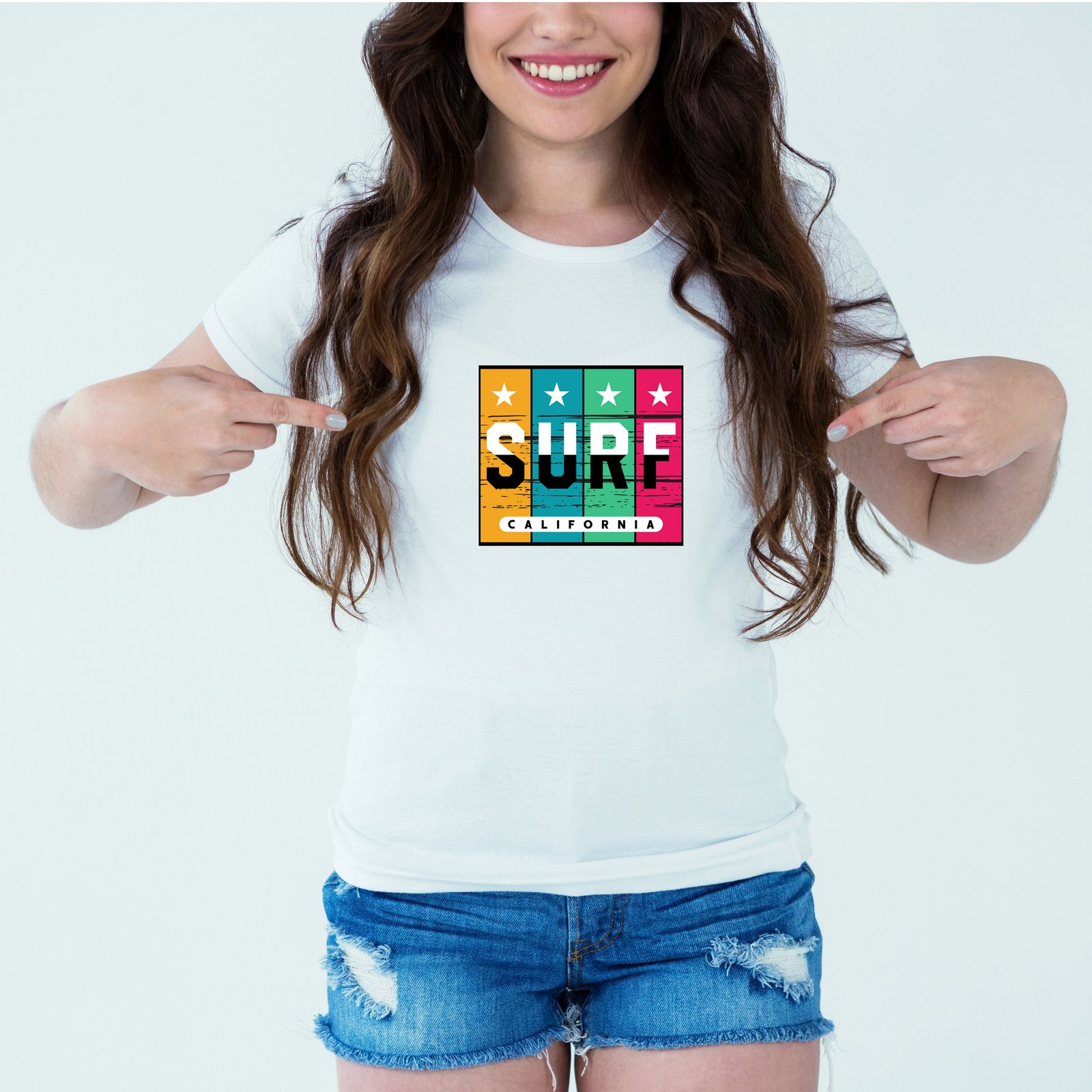 Mockup-Girl-surfcalifornia.jpg Designer Printed T-Shirt :: Design type - Surf California - Cloth type : Polyester - Image 1