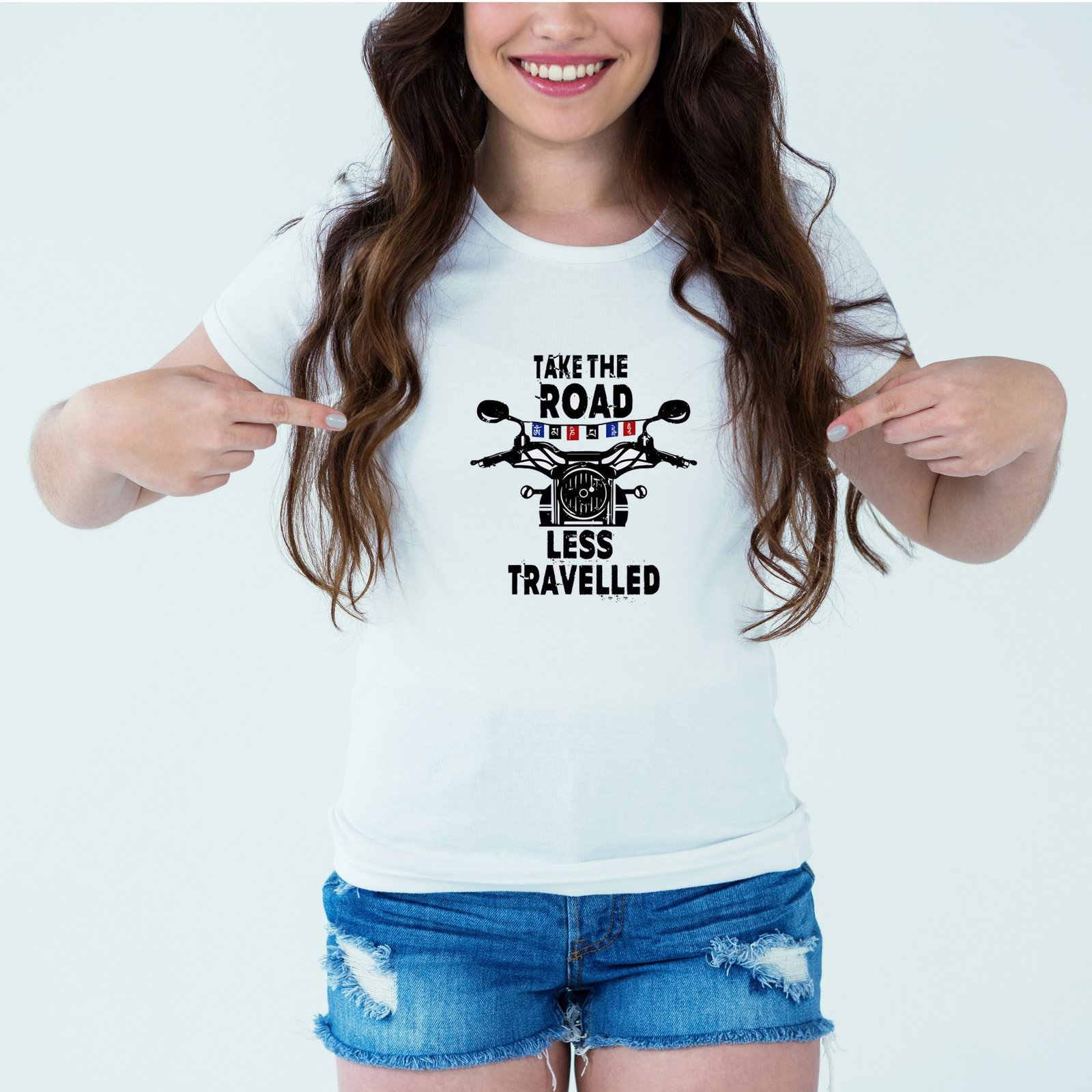 Mockup-Girl-taketheroadlesstravelled.jpg Designer Printed T-Shirt :: Design type - Take The Road Less Travelled - Cloth type : Polyester - Image 1