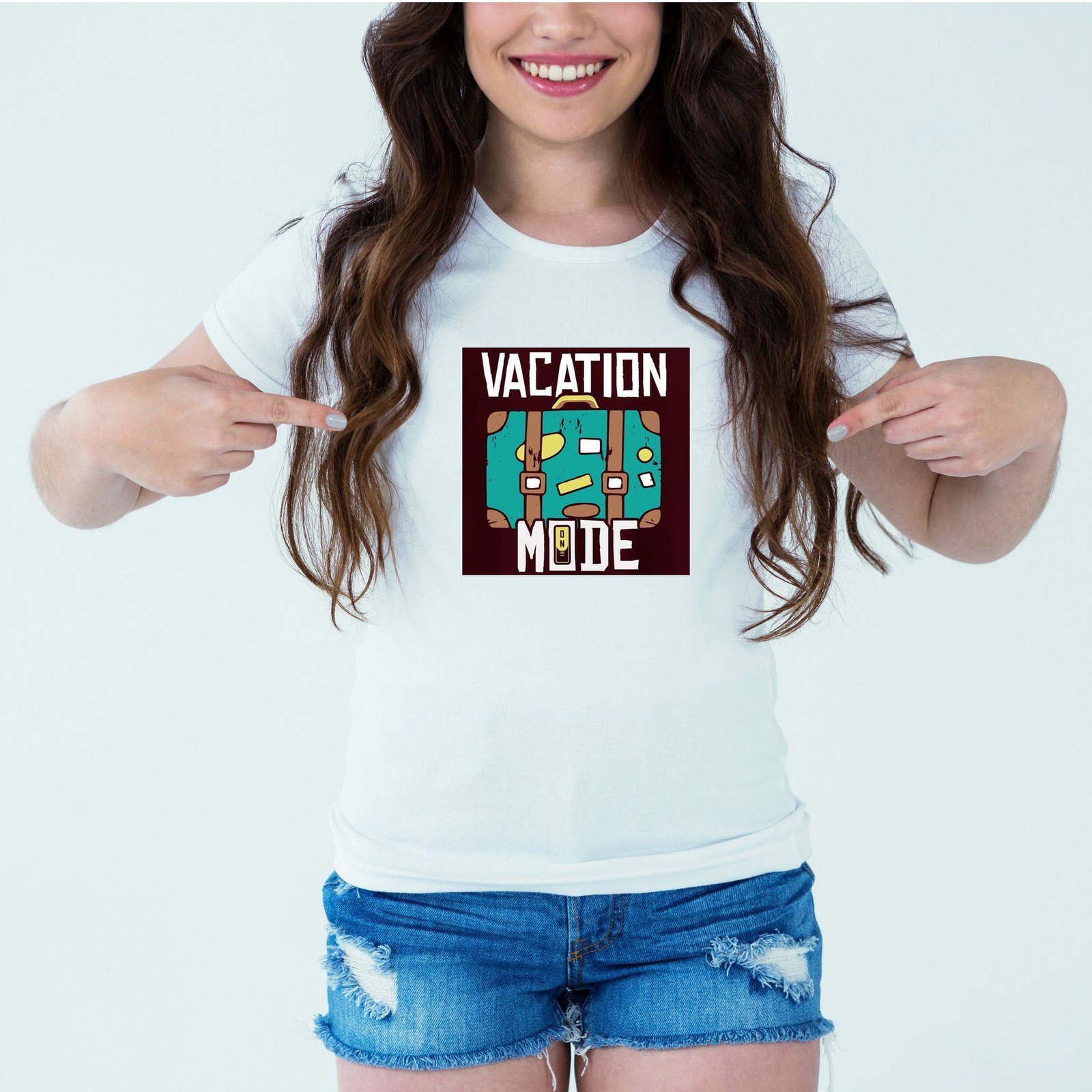 Mockup-Girl-vacationmode.jpg Designer Printed T-Shirt :: Design type - Vacation Mode - Cloth type : DOT-KNIT - Image 1