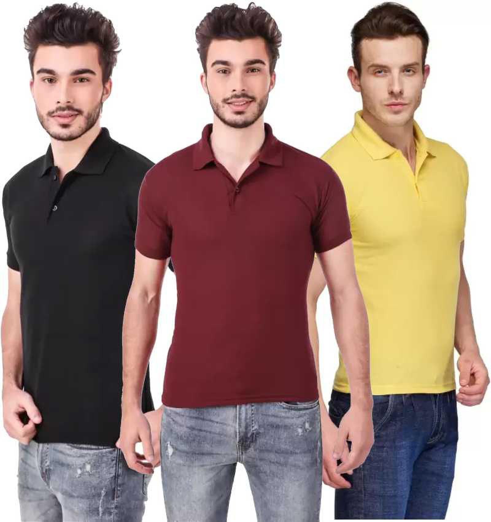 xl-tshirt-combo-3-black-maroon-yellow-phonicz-retails-original-imafg4buhjuubhy4.jpeg One-H Men's Polo Neck Short Sleeve Casual Tshirt Combo of Maroon, Black, Yellow colors (Pack of 3) - Image 1