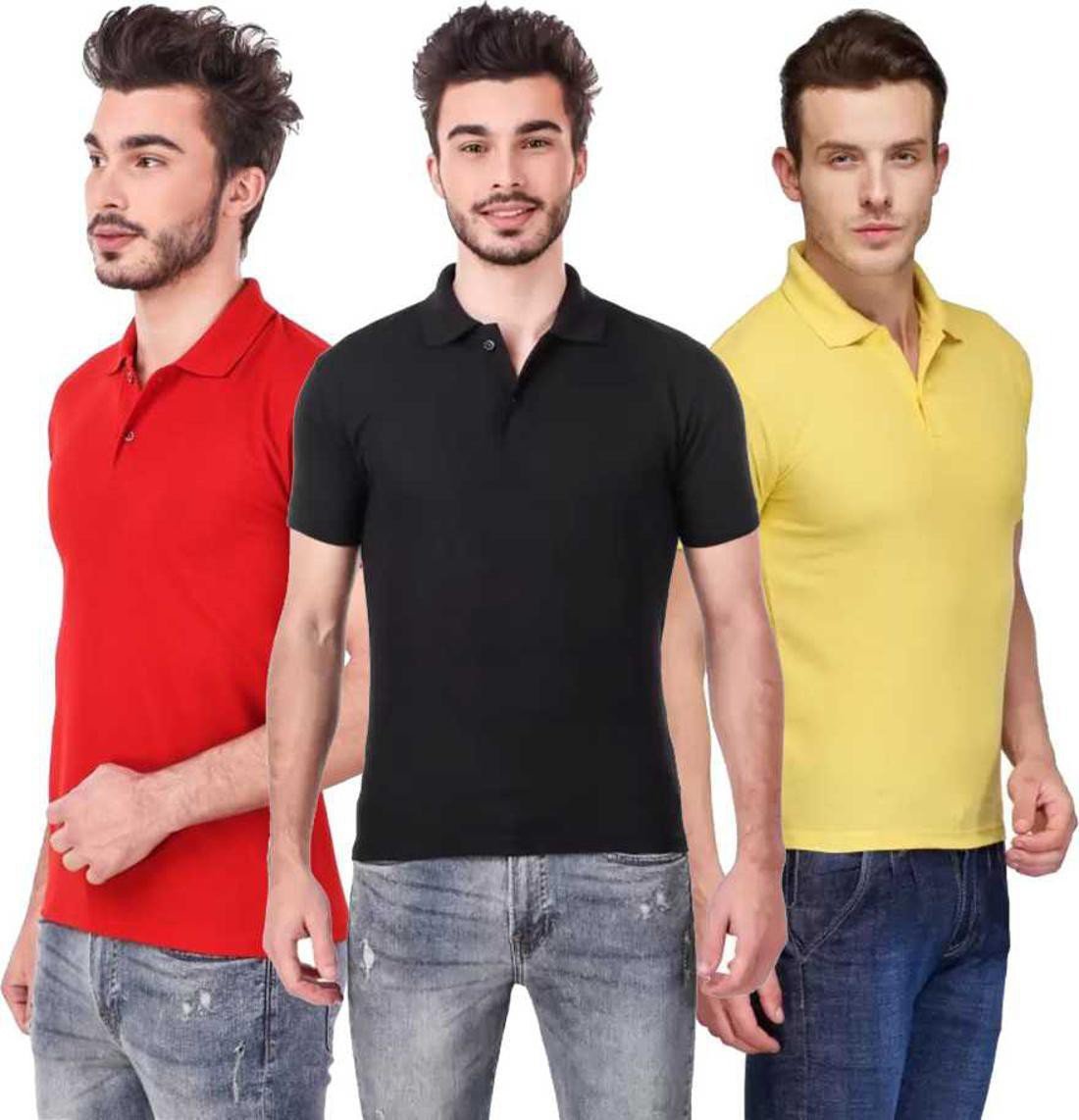 xl-tshirt-combo-3-red-black-yellow-phonicz-retails-original-imafg4c8fughxfe6.jpeg One-H Men's Polo Neck Half Sleeve Casual Tshirt Combo of Red, Black, Yellow colors (Pack of 3) - Image 1